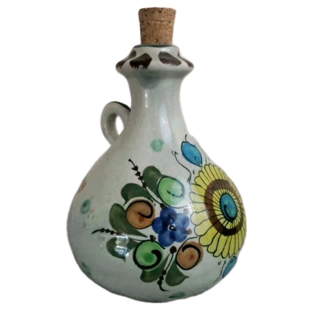 VTG Tonala Mexican Pottery Jug Decanter with‎ Cork. Floral Hand Painted. Nice!